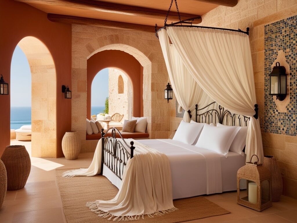 A Mediterranean-inspired luxury bedroom with a wrought-iron bed draped in white, flowing linens. The room features warm, earthy tones such as terracotta, sandy beige, and sun-bleached whites. Natural stone walls, wooden beams across the ceiling, and mosaic tile accents evoke a coastal Mediterranean villa. The space includes handwoven rugs, large lanterns, and a view of the ocean through arched windows, creating a romantic and sun-kissed atmosphere.