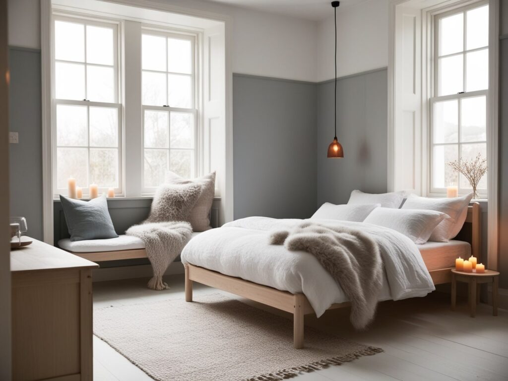 A cozy Scandinavian-style bedroom with soft, natural light streaming in through wide windows. The room features pale wooden furniture, a low-profile bed with white linen bedding, and fluffy throws. Soft grays and muted blues accent the white walls, and a simple, light woolen rug covers the floor. Small, warm light sources, like candles and pendant lamps, add to the hygge-inspired coziness. The space feels minimalist, serene, and inviting, perfect for a cozy retreat.