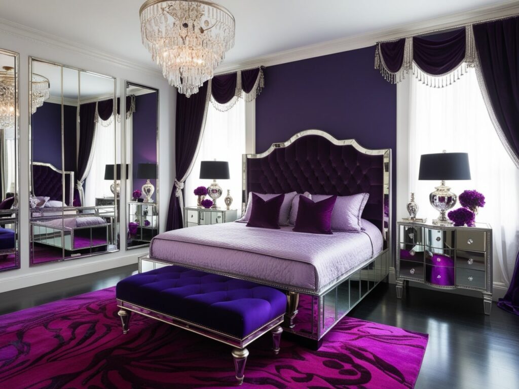 A luxurious Hollywood glam-inspired bedroom with a dramatic velvet tufted headboard in deep purple, paired with a mirrored bedframe. The room is decorated with metallic gold and silver accents, a crystal chandelier hanging from the ceiling, and plush velvet drapes framing large windows. The color palette includes rich jewel tones of royal blue, purple, and shimmering gold. Mirrored bedside tables, ornate lamps, and a rich, bold rug complete the glamorous look, making the room feel like a red carpet-worthy space.